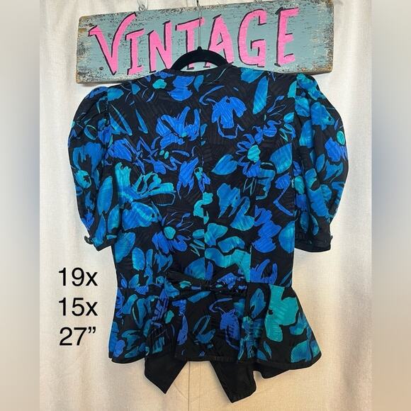 Vintage 80s Silk Floral Blue and Black Blazer with Rhinestone Button and Bow 1 - Picture 12 of 15